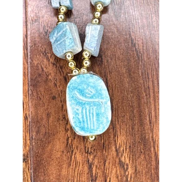 Vintage Egyptian Larimar Carved Stone Scarab Beetle Revival Beaded Necklace Teal - Picture 4 of 6